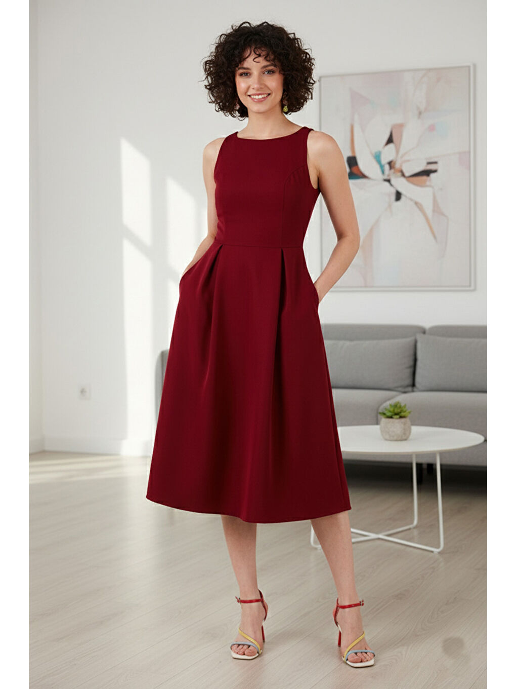 Bordo Regular Fit Bisiklet Yaka Cepli Pileli Midi Boy Kadın Elbise 6111963