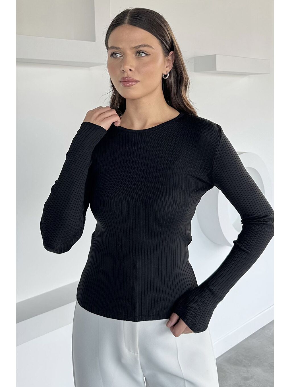 Siyah Kadın Bisiklet Yaka Fitilli Triko Kazak