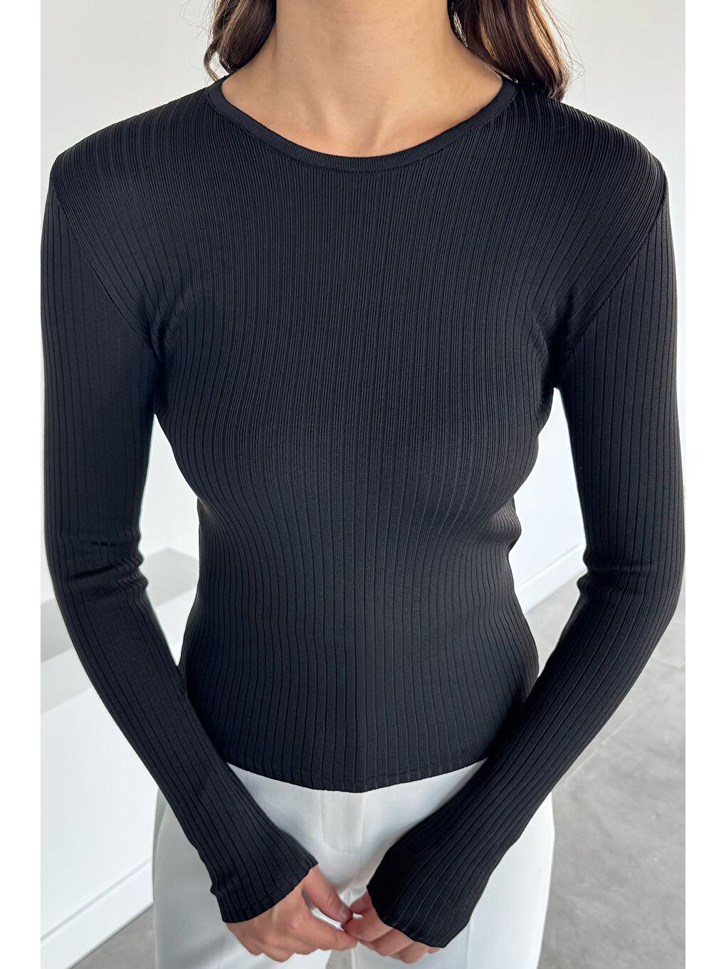 Siyah Kadın Bisiklet Yaka Fitilli Triko Kazak-1