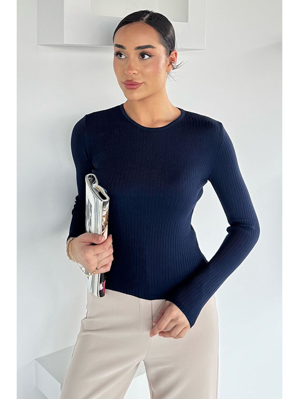 Lacivert Kadın Bisiklet Yaka Fitilli Triko Kazak