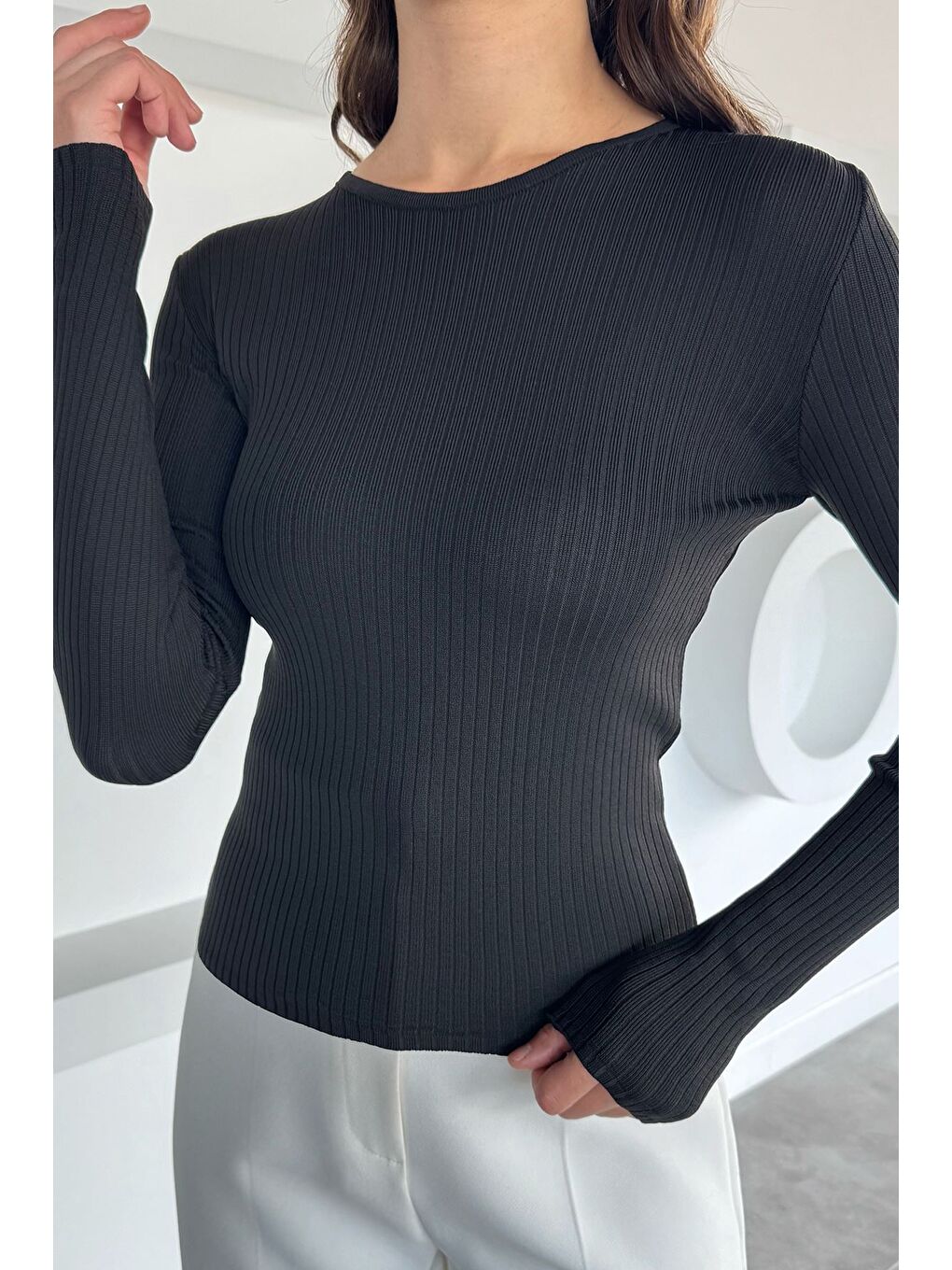 Siyah Kadın Bisiklet Yaka Fitilli Triko Kazak-2