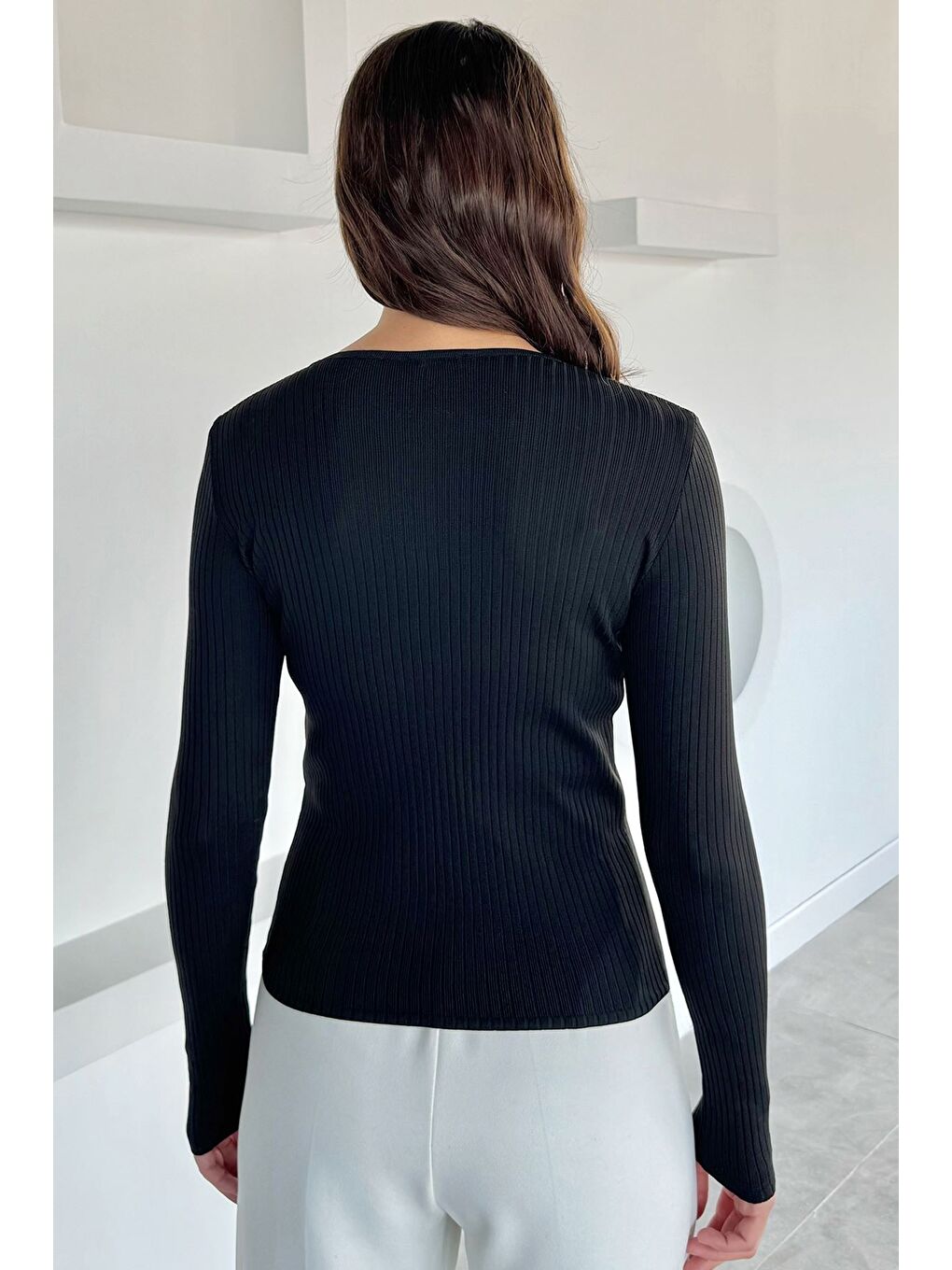 Siyah Kadın Bisiklet Yaka Fitilli Triko Kazak-3