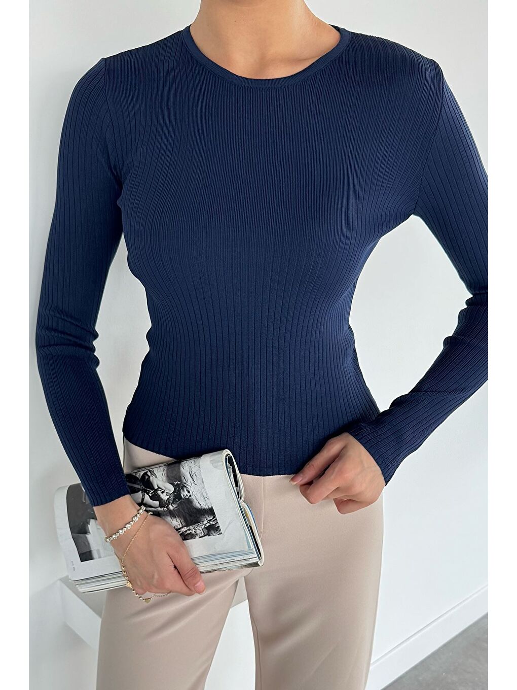 Lacivert Kadın Bisiklet Yaka Fitilli Triko Kazak-1