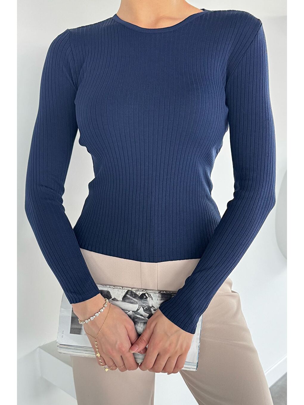 Lacivert Kadın Bisiklet Yaka Fitilli Triko Kazak-2