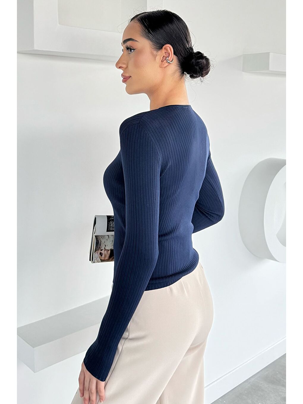 Lacivert Kadın Bisiklet Yaka Fitilli Triko Kazak-3