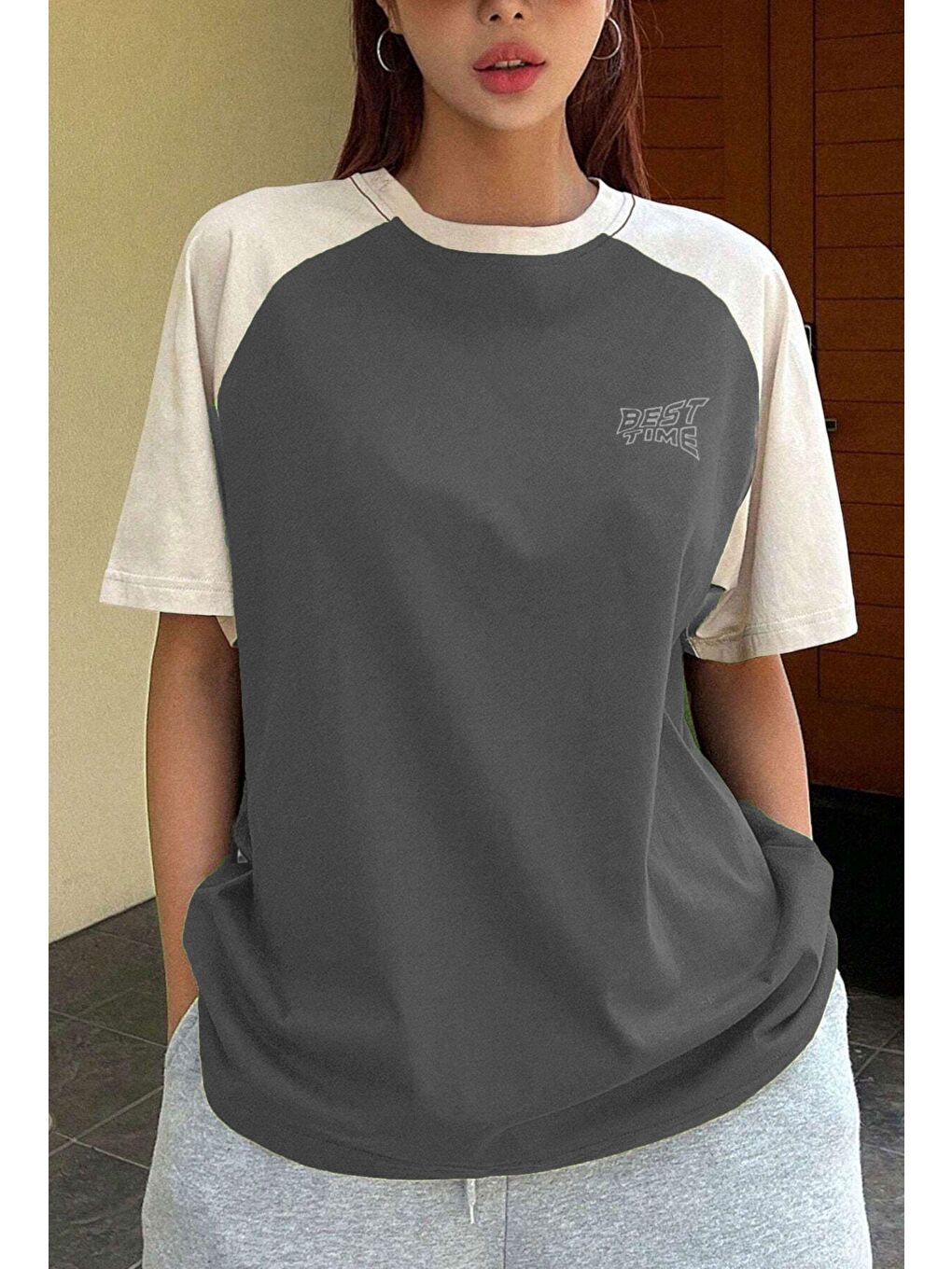 Gri Kadın FümeBej Best Time Baskılı Oversize Tişört