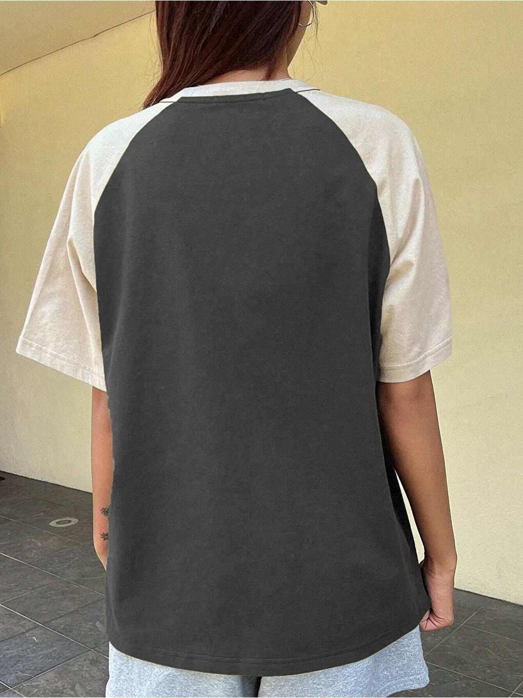 Gri Kadın FümeBej Best Time Baskılı Oversize Tişört-1