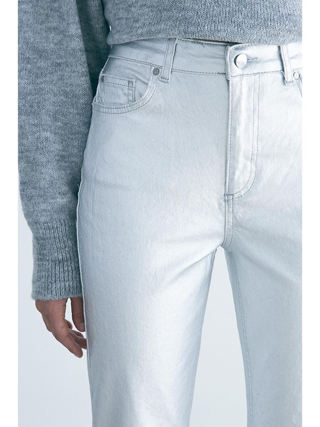 Gri Gümüş Varak Sıvamalı Yüksek Bel Denim Pantolon-3