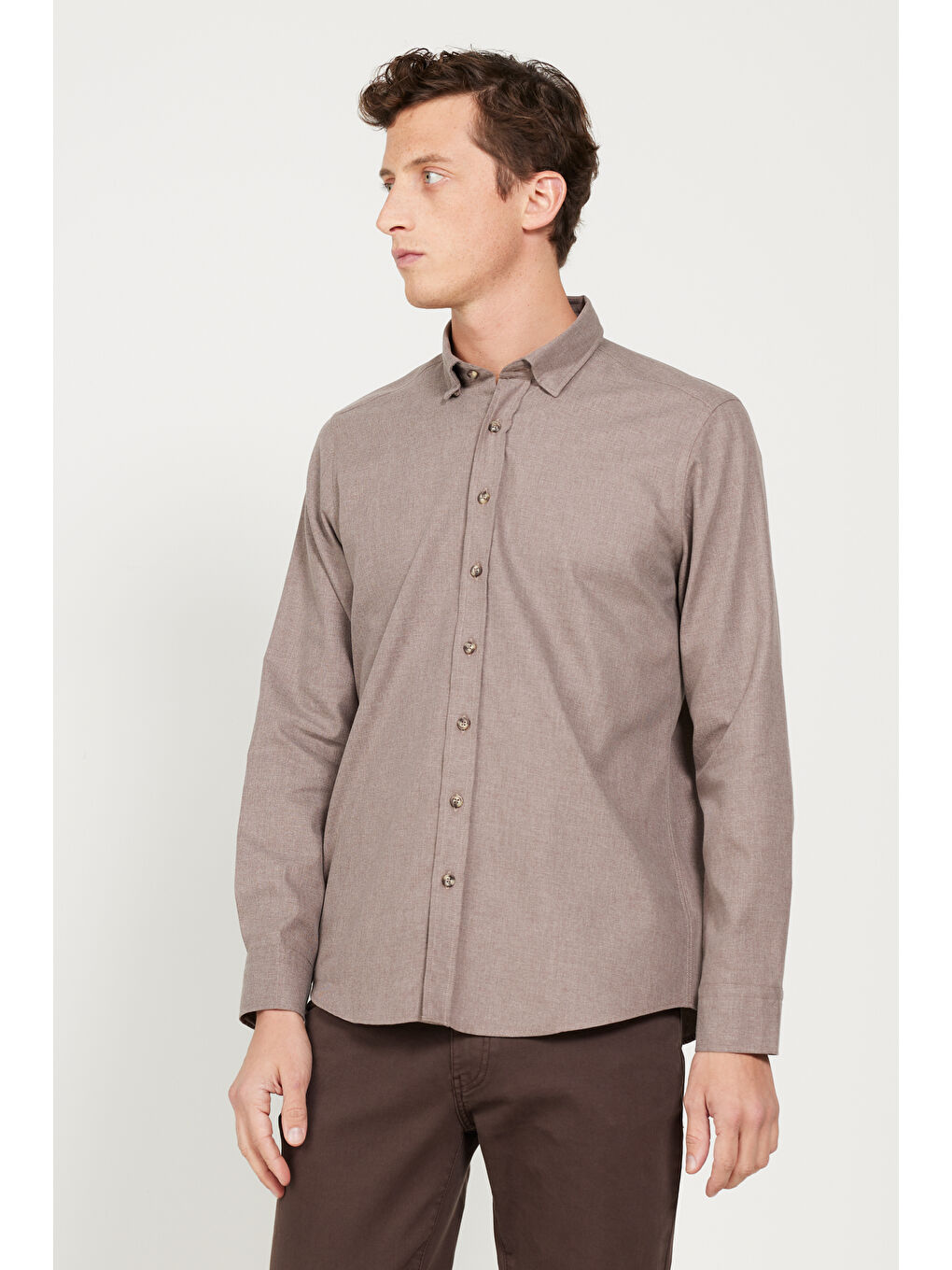 Erkek Bej Slim Fit Dar Kesim Düğmeli Yaka Flanel Oduncu Kışlık Gömlek
