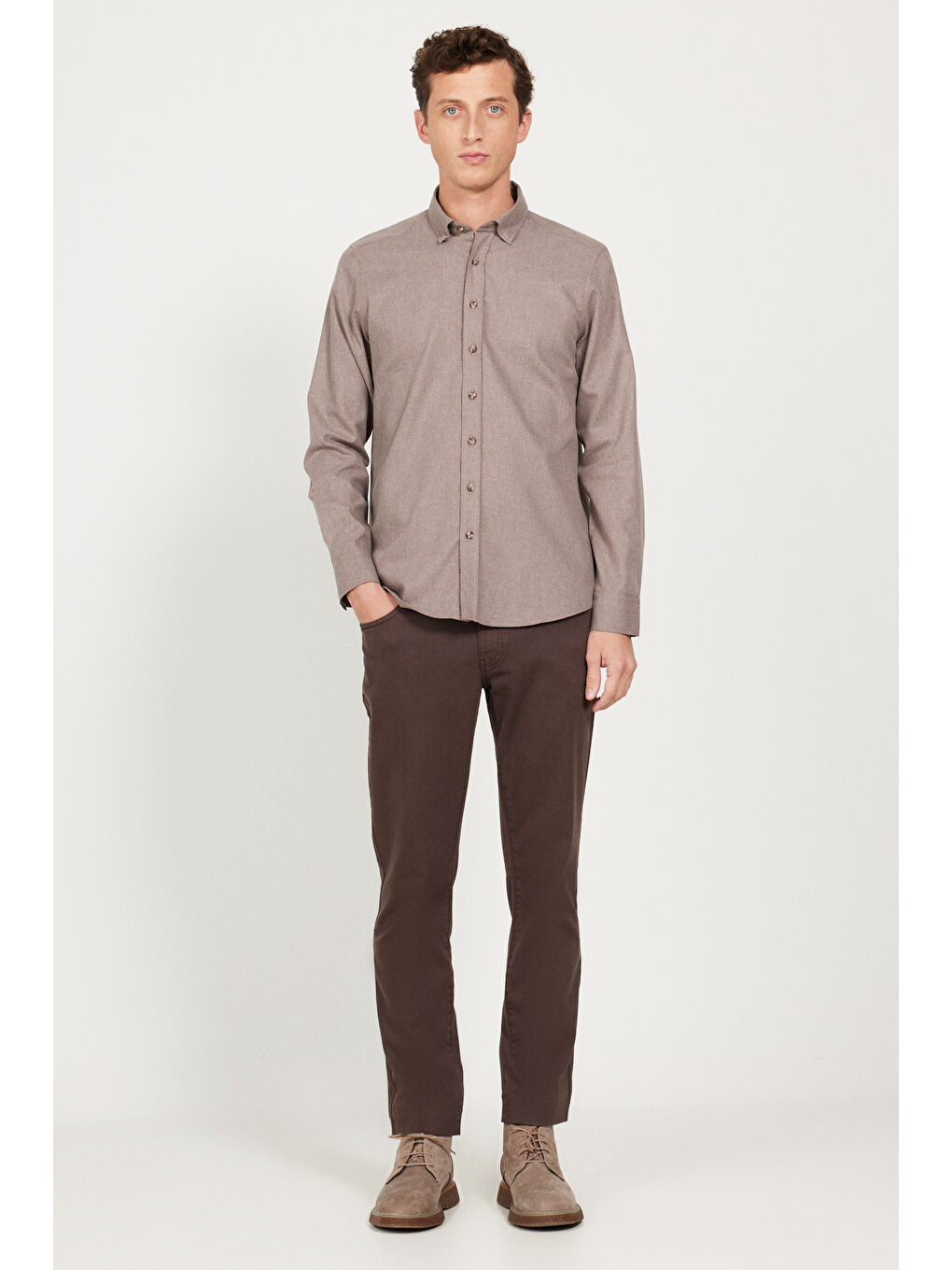 Erkek Bej Slim Fit Dar Kesim Düğmeli Yaka Flanel Oduncu Kışlık Gömlek-1