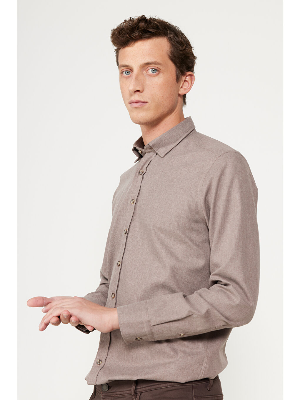 Erkek Bej Slim Fit Dar Kesim Düğmeli Yaka Flanel Oduncu Kışlık Gömlek-2