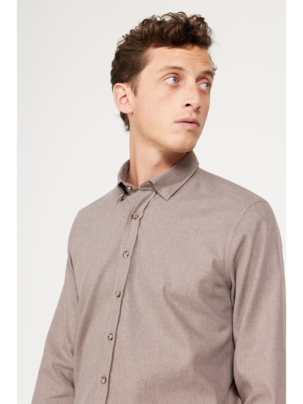 Erkek Bej Slim Fit Dar Kesim Düğmeli Yaka Flanel Oduncu Kışlık Gömlek-3