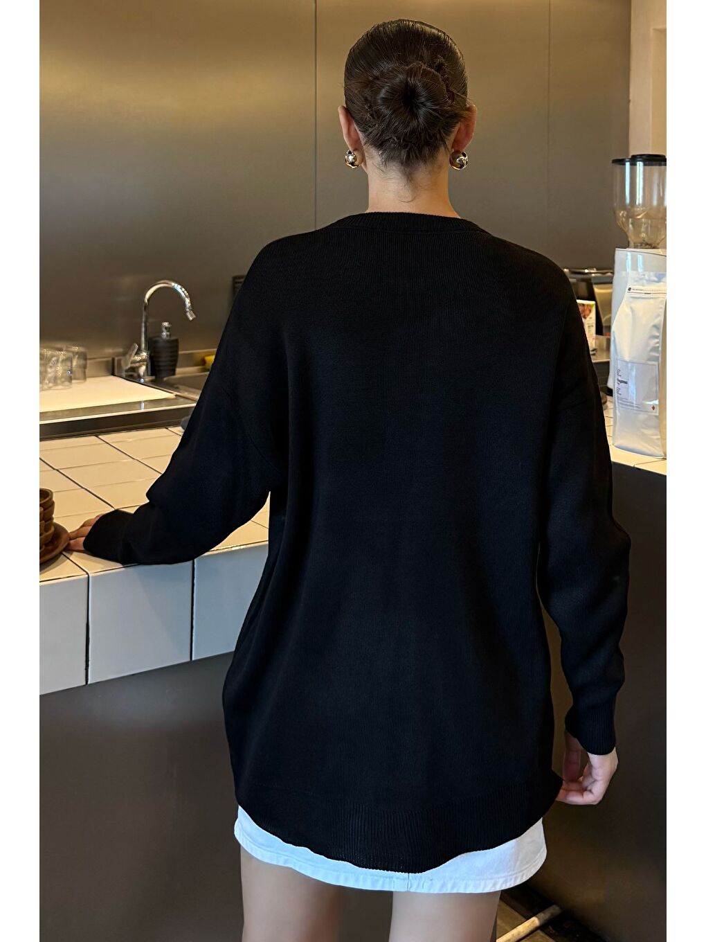 Siyah Kalp Nakışlı Kadın Triko Kazak-4