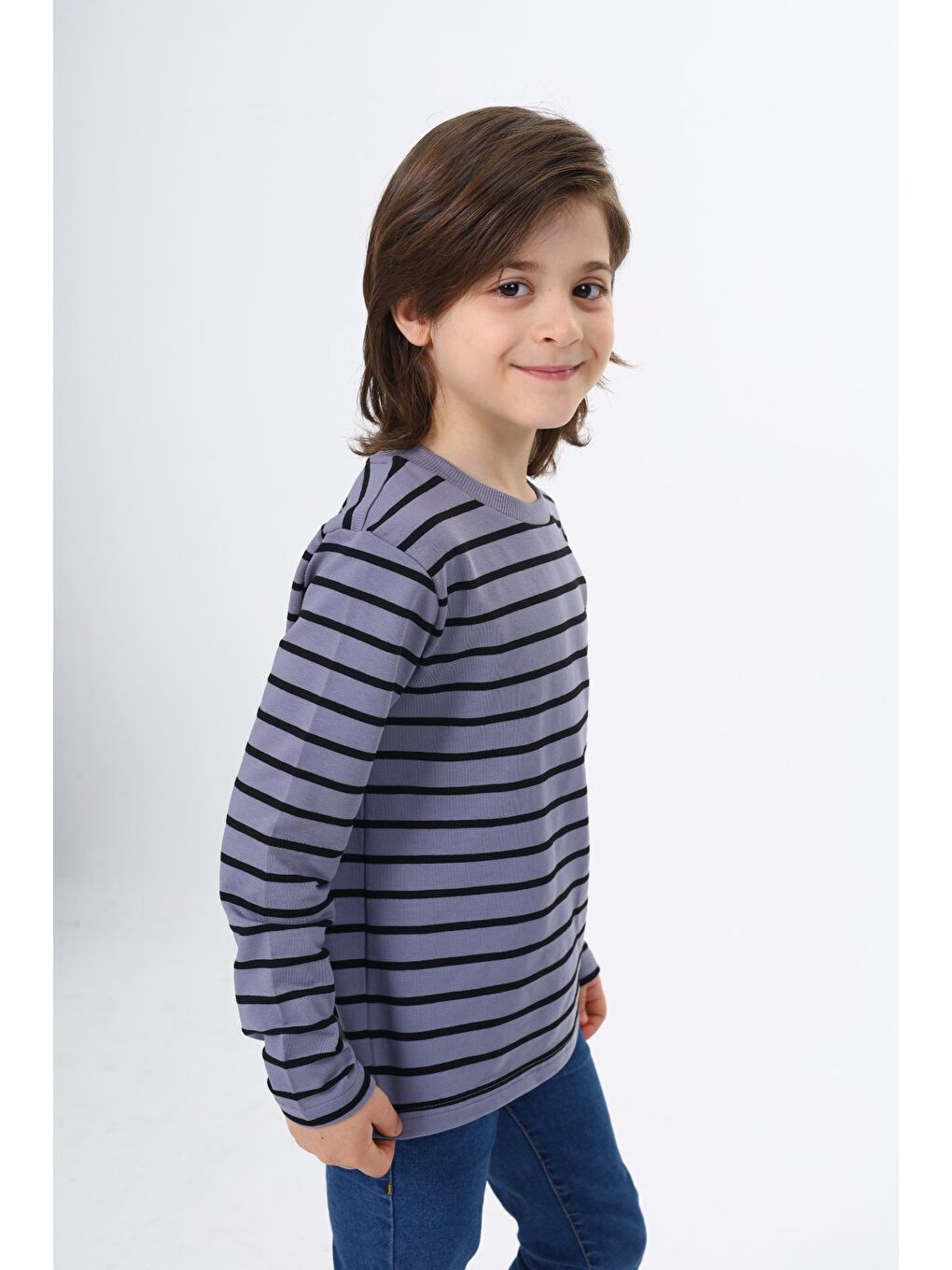 Gri Erkek Çocuk Çizgili Tişört-1