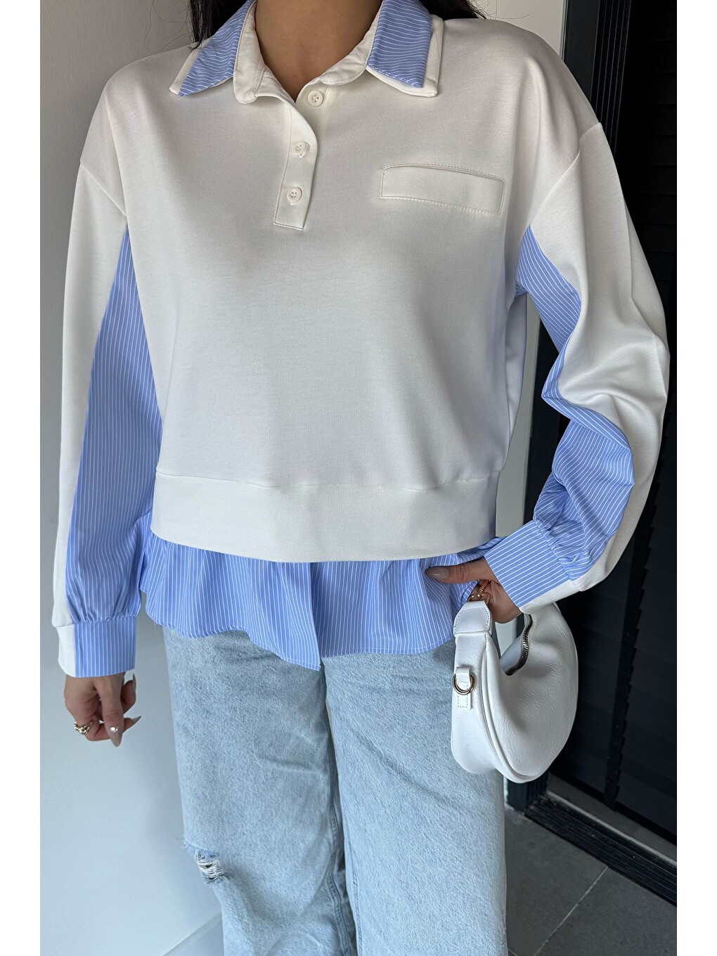 Ekru Kadın Polo Yaka Gömlek Garnili Sweatshirt