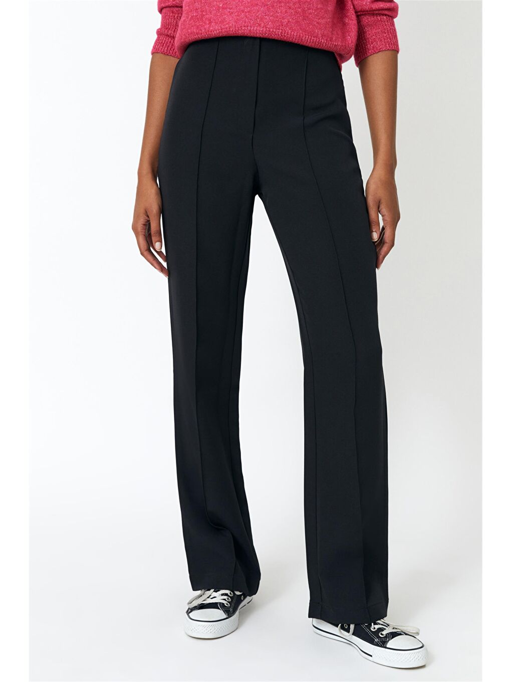 Siyah Yüksek Bel Nervür Detaylı Pantolon-1