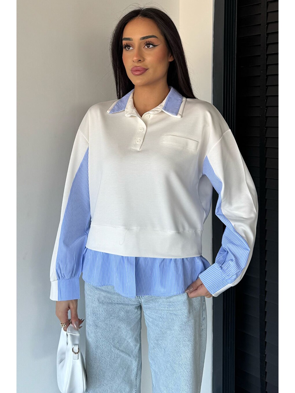 Ekru Kadın Polo Yaka Gömlek Garnili Sweatshirt-1