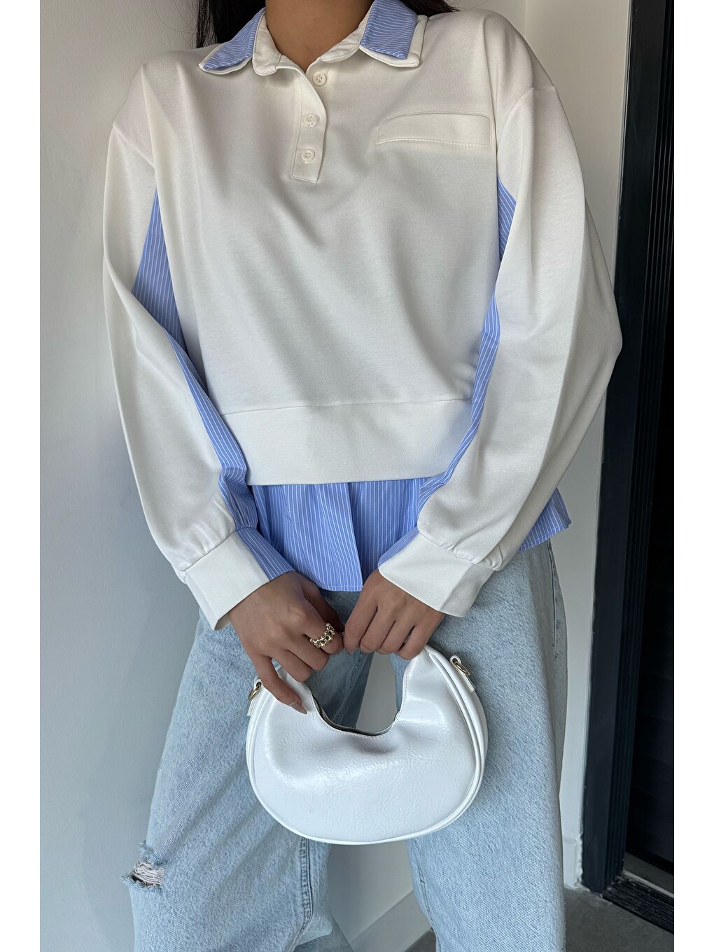 Ekru Kadın Polo Yaka Gömlek Garnili Sweatshirt-2