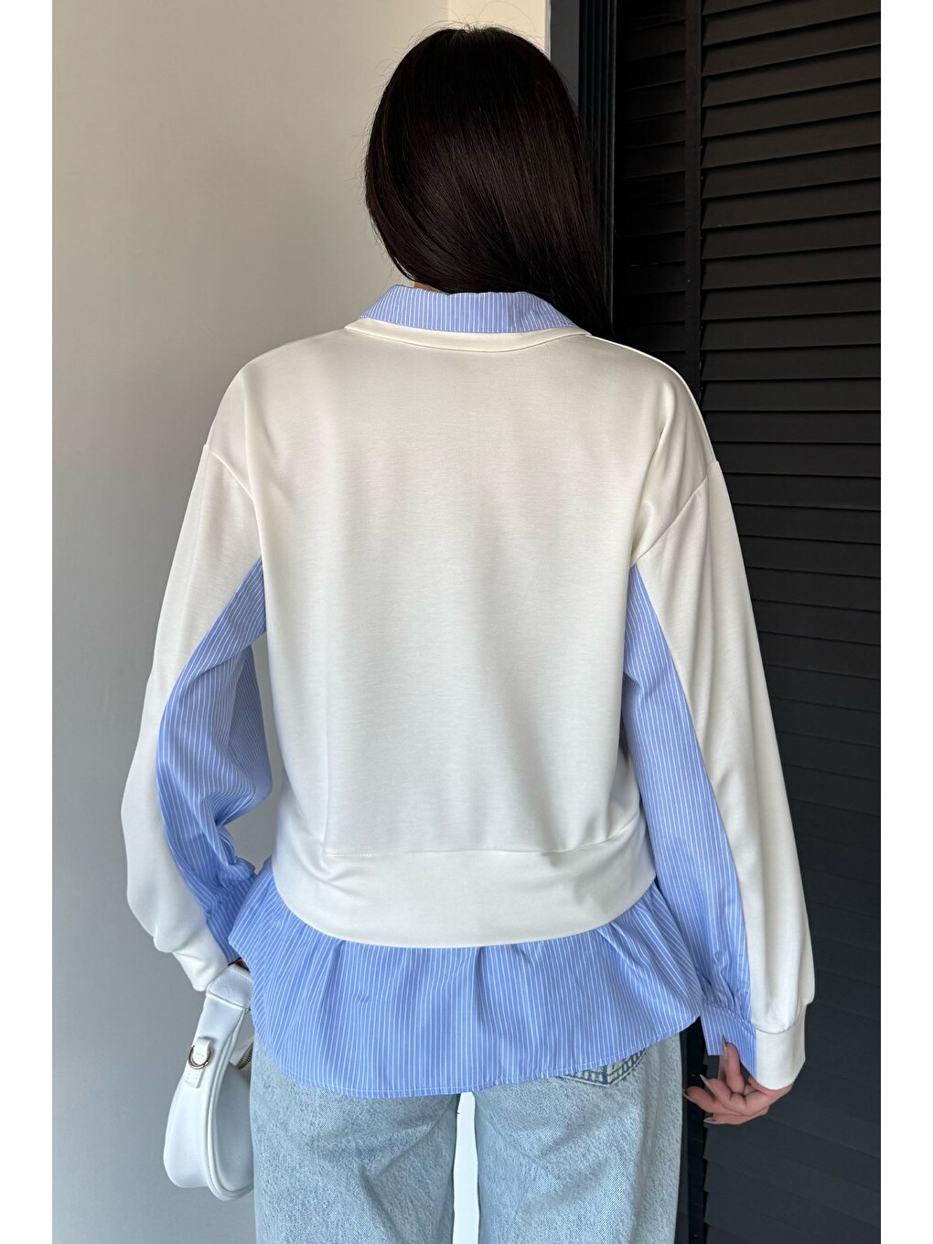 Ekru Kadın Polo Yaka Gömlek Garnili Sweatshirt-3
