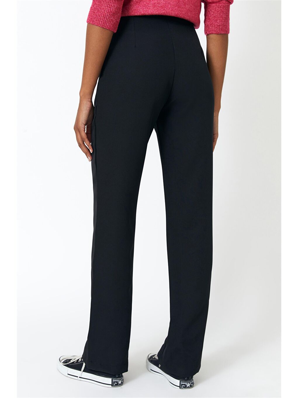 Siyah Yüksek Bel Nervür Detaylı Pantolon-2