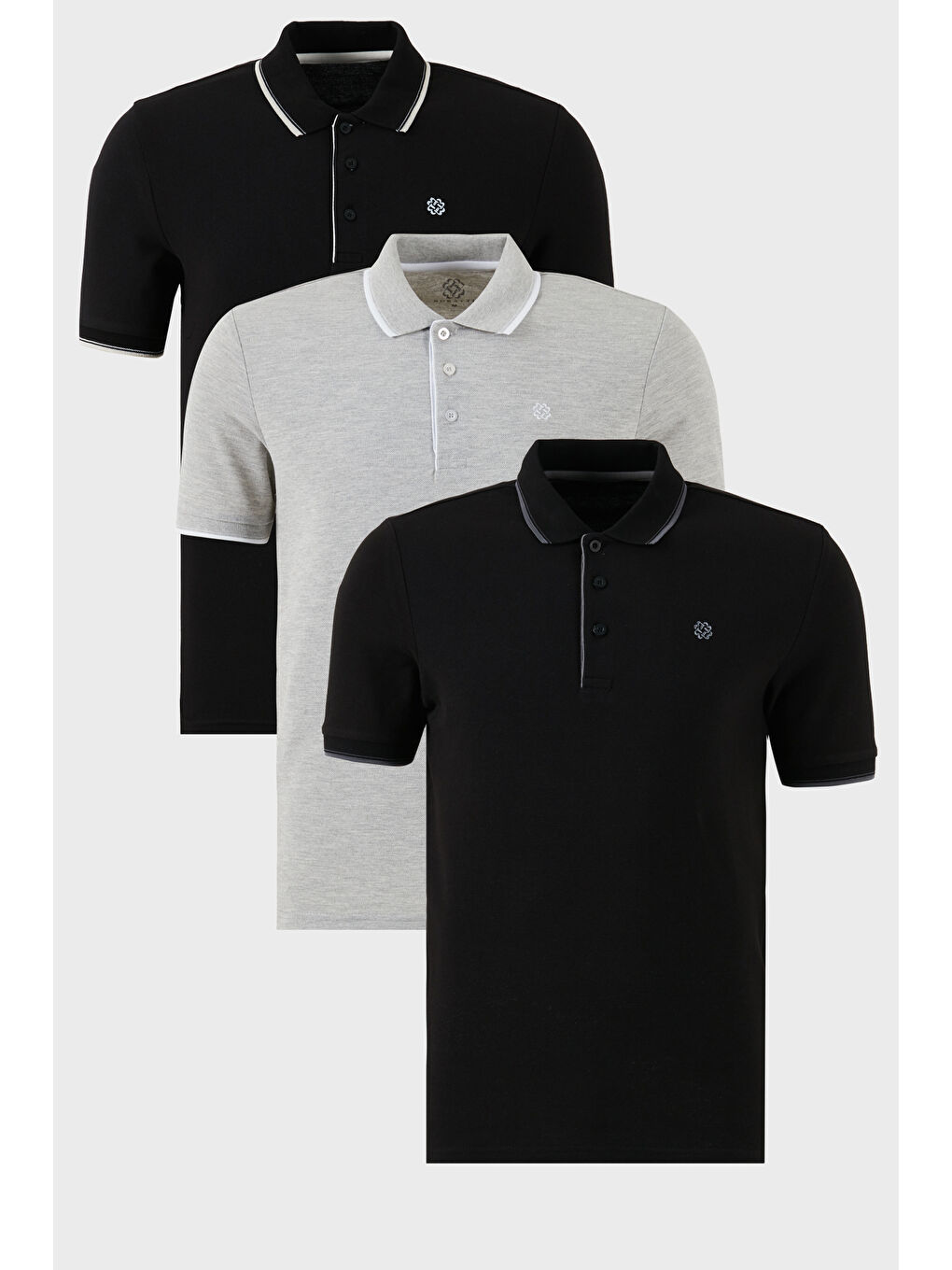 Siyah Pamuklu Slim Fit Şerit Detaylı Düğmeli Polo Yaka 3'lü Paket %100 Pamuk Tişört 5902118S3