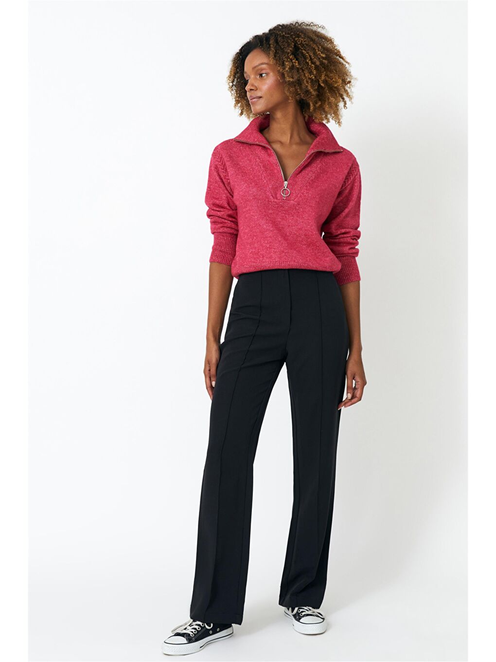 Siyah Yüksek Bel Nervür Detaylı Pantolon-3