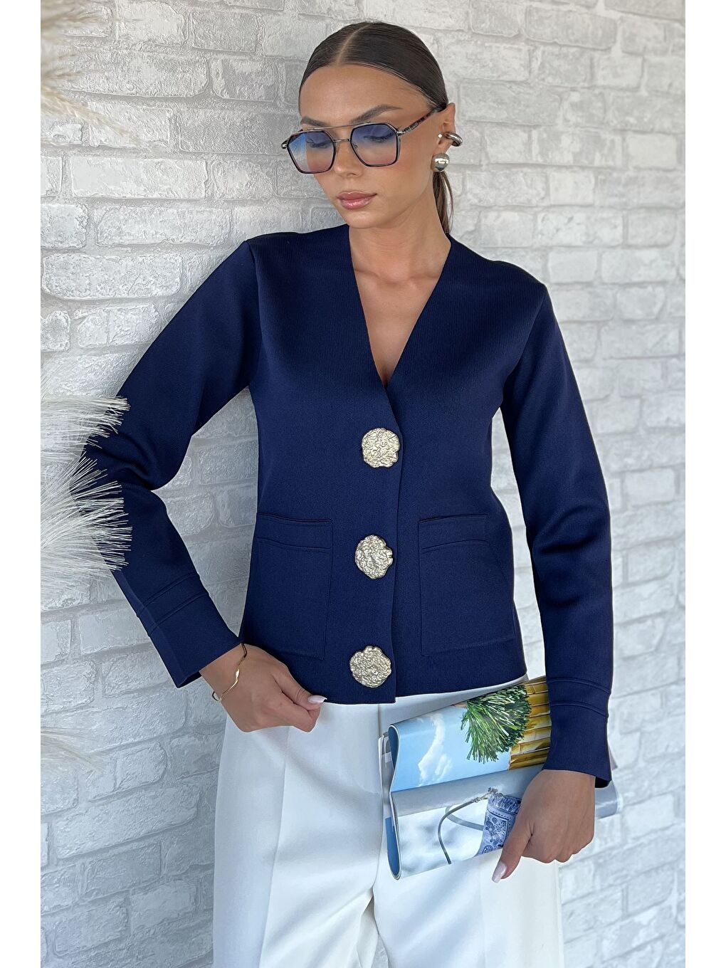 Lacivert Çift Cepli Düğmeli Triko Ceket (s,m,l Uyumludur)-1