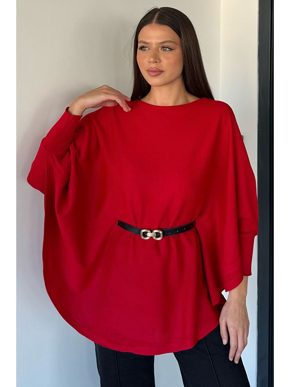 Kırmızı Kadın Kemerli Triko Panço-2