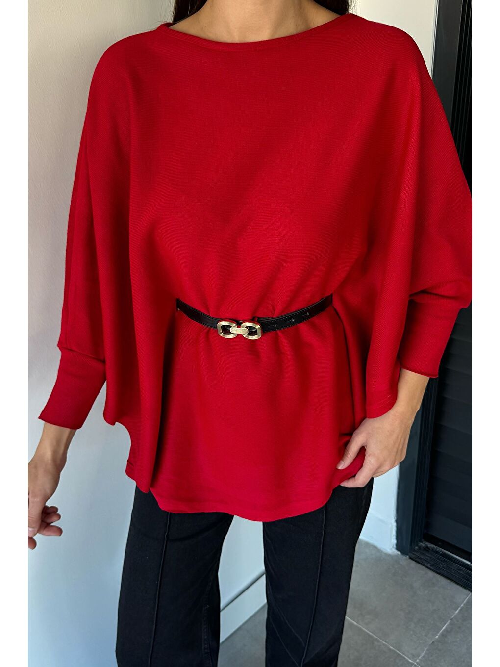 Kırmızı Kadın Kemerli Triko Panço-5