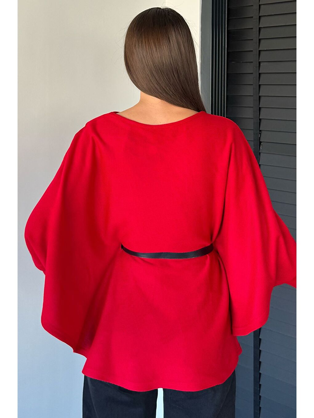 Kırmızı Kadın Kemerli Triko Panço-7
