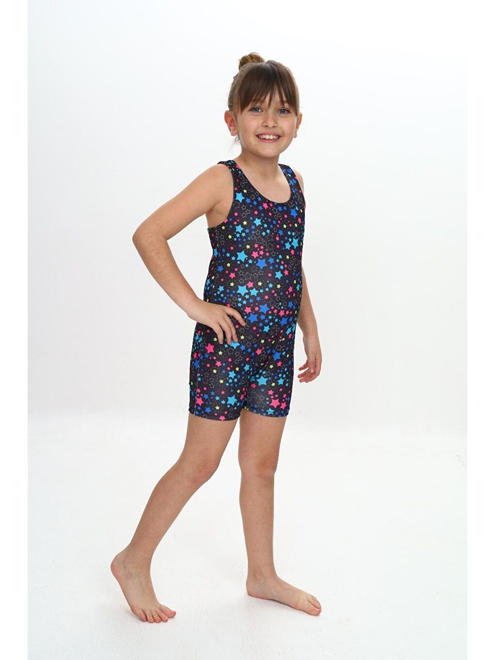Siyah Kız Çocuk Yüzücü Şortlu Tek Parça Tulum Mayo Takımı 5-16 Yaş 12231-1