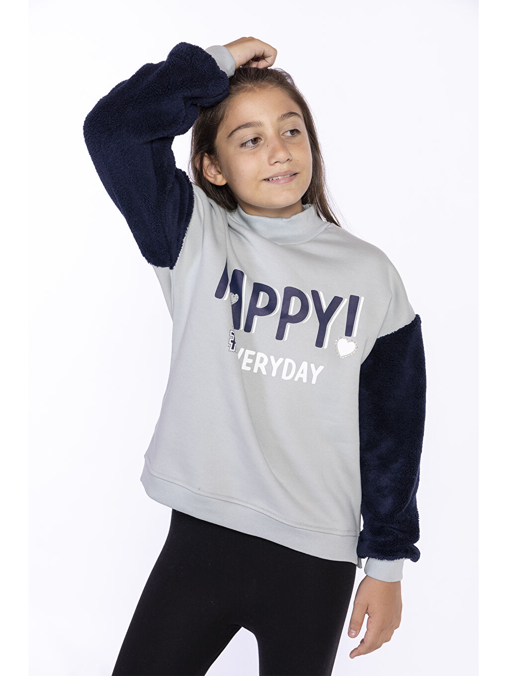 Gri Kız Çocuk Pelüş Detaylı Baskılı Sweatshirt