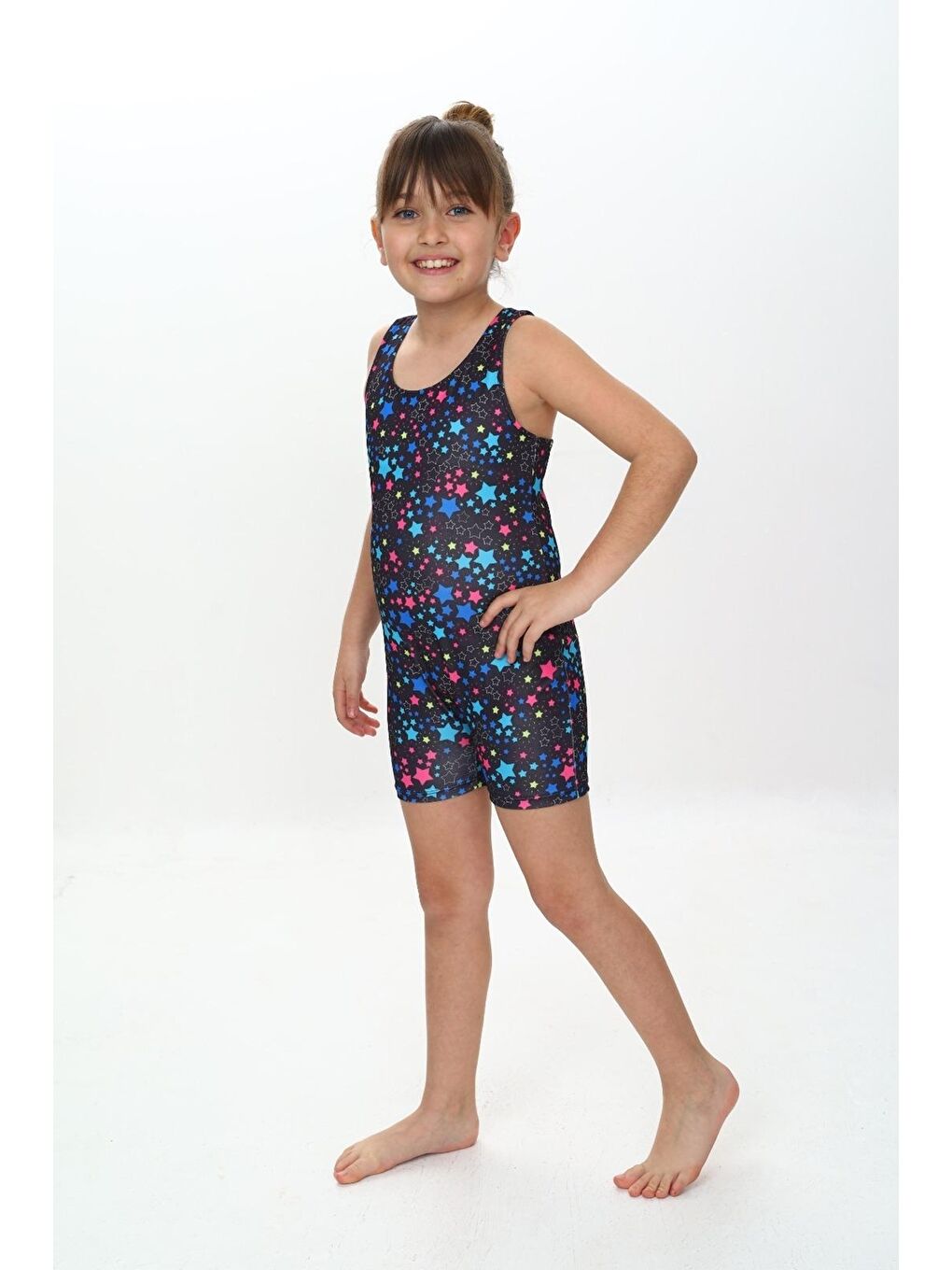 Siyah Kız Çocuk Yüzücü Şortlu Tek Parça Tulum Mayo Takımı 5-16 Yaş 12231-2