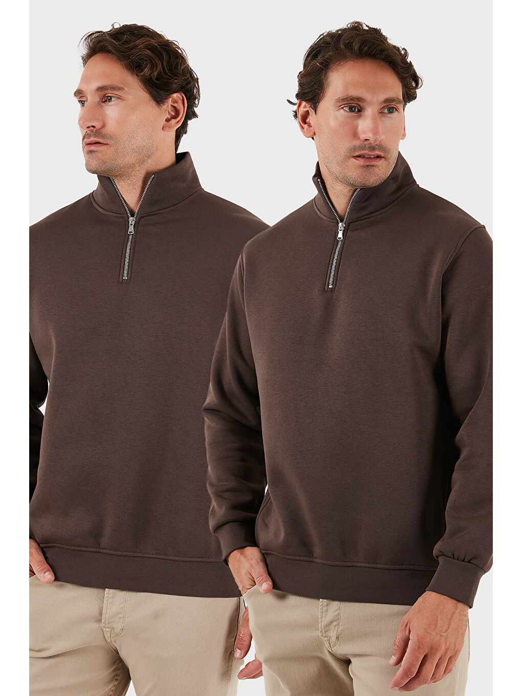 Kahverengi Pamuklu Regular Fit Dik Yaka 2'li Paket Sweat 59052592S2