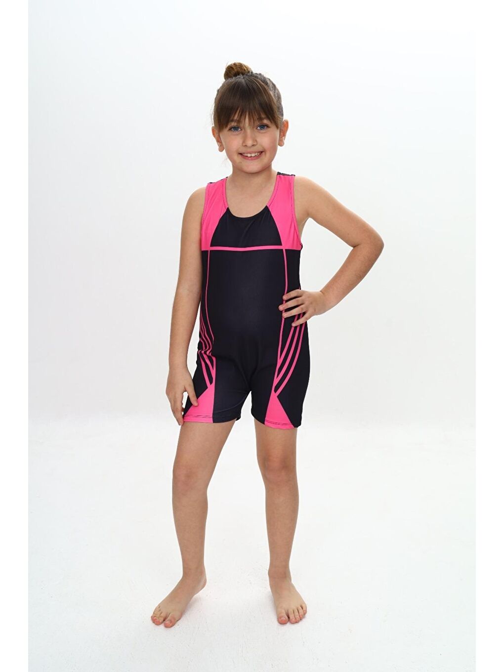 Siyah Kız Çocuk Yüzücü Şortlu Tek Parça Tulum Mayo Takımı 5-16 Yaş 12231