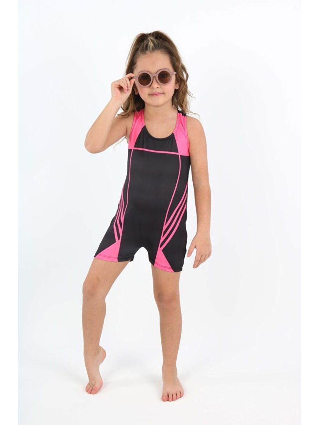 Siyah Kız Çocuk Yüzücü Şortlu Tek Parça Tulum Mayo Takımı 5-16 Yaş 12231-1