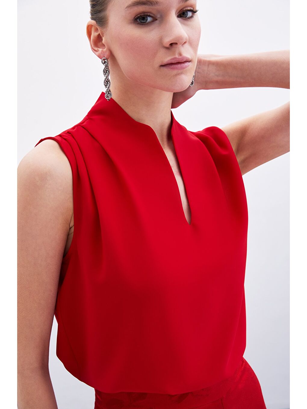 Hakim Yaka Kolsuz Bluz - Kırmızı-6