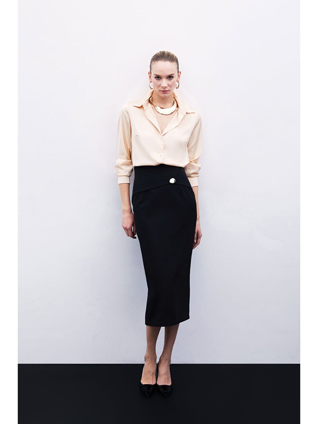 Toka Detaylı Kalem Etek - Siyah