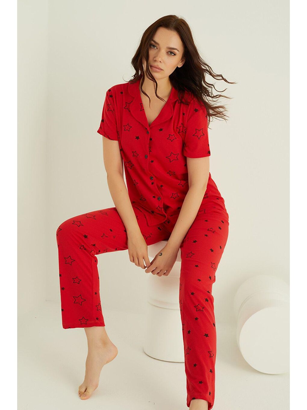 Kırmızı Pamuklu Düğmeli Pijama Takim