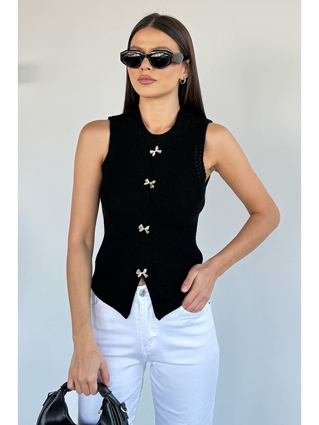 Siyah Kadın Gold Düğme Detaylı Triko Bluz-1