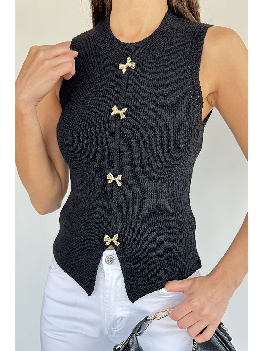 Siyah Kadın Gold Düğme Detaylı Triko Bluz-2