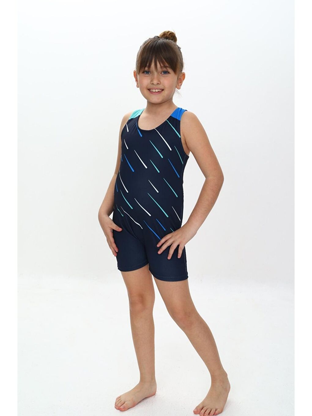 Lacivert Kız Çocuk Yüzücü Şortlu Tek Parça Tulum Mayo Takımı 5-16 Yaş 12231