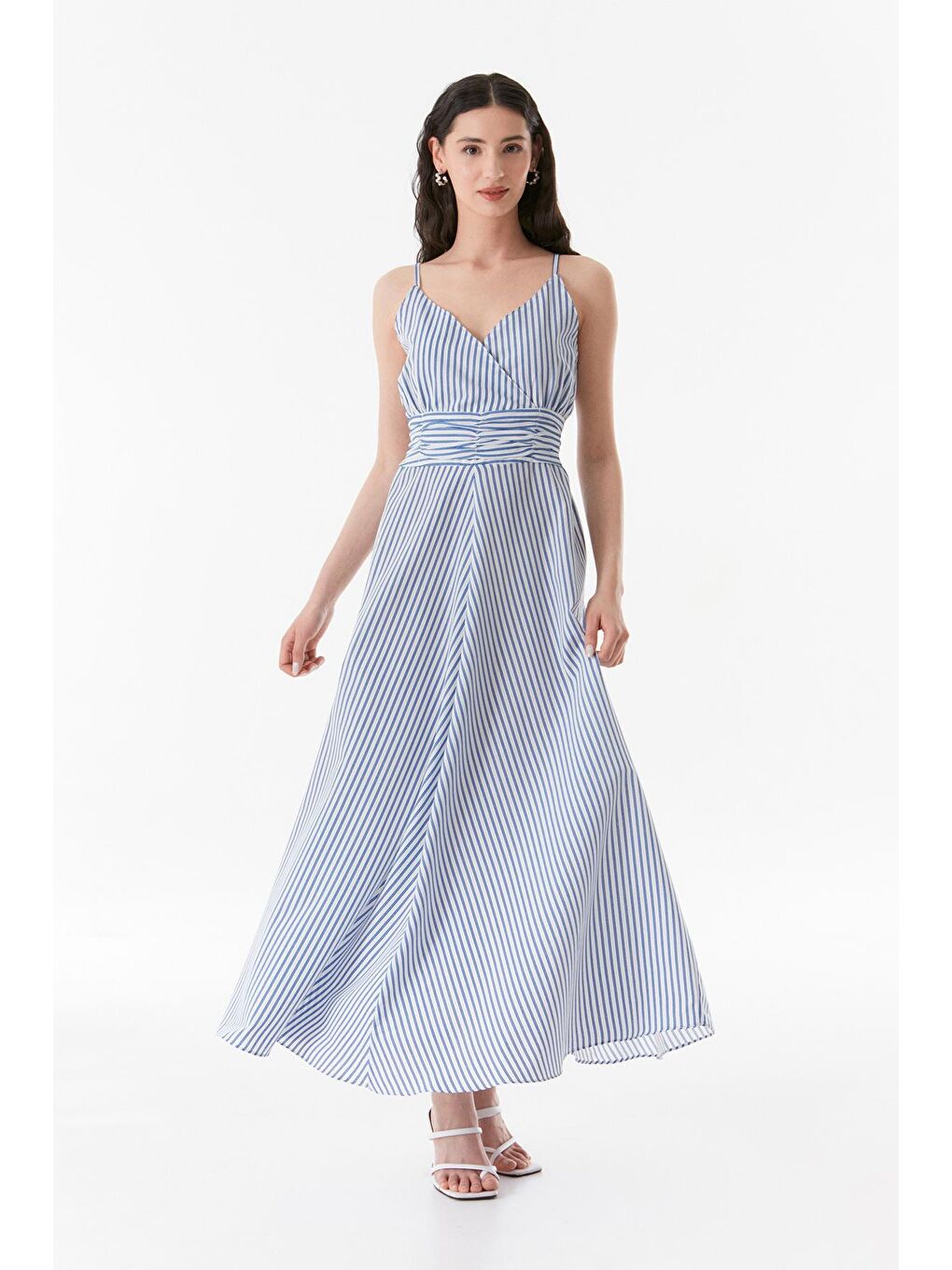 Mavi Çizgili Kruvaze Yaka İp Askılı Elbise-3