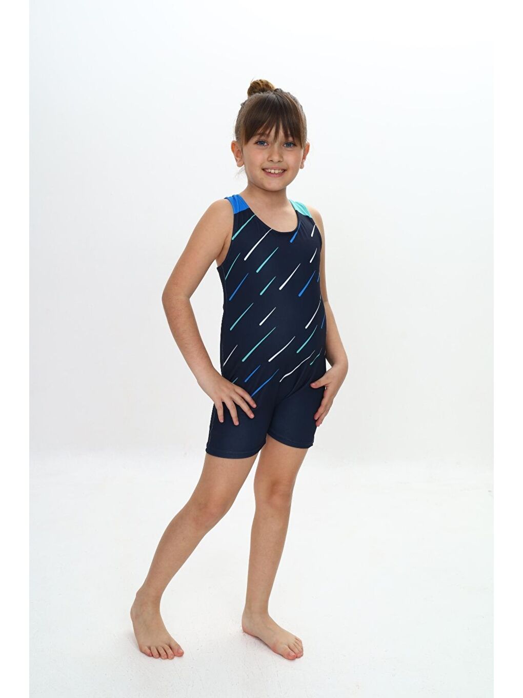 Lacivert Kız Çocuk Yüzücü Şortlu Tek Parça Tulum Mayo Takımı 5-16 Yaş 12231-1