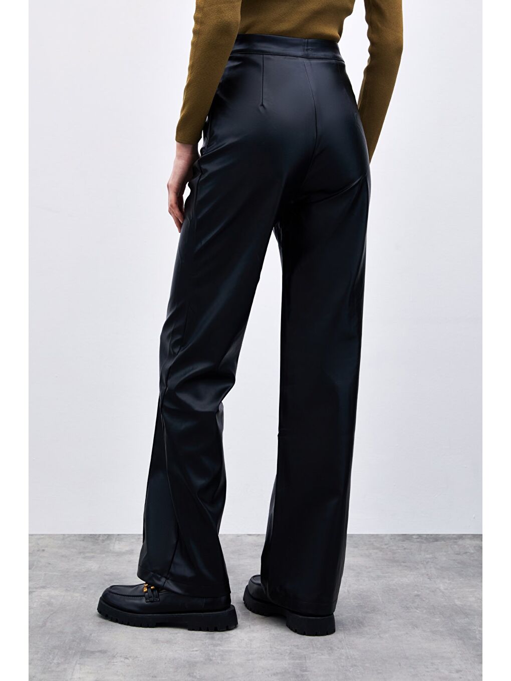 Yüksek Bel Deri Pantolon - Siyah-5