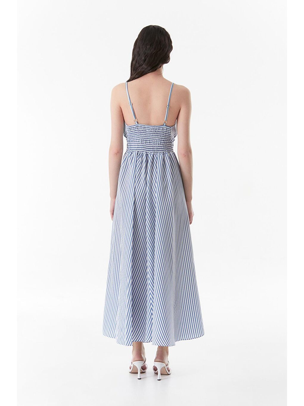 Mavi Çizgili Kruvaze Yaka İp Askılı Elbise-4