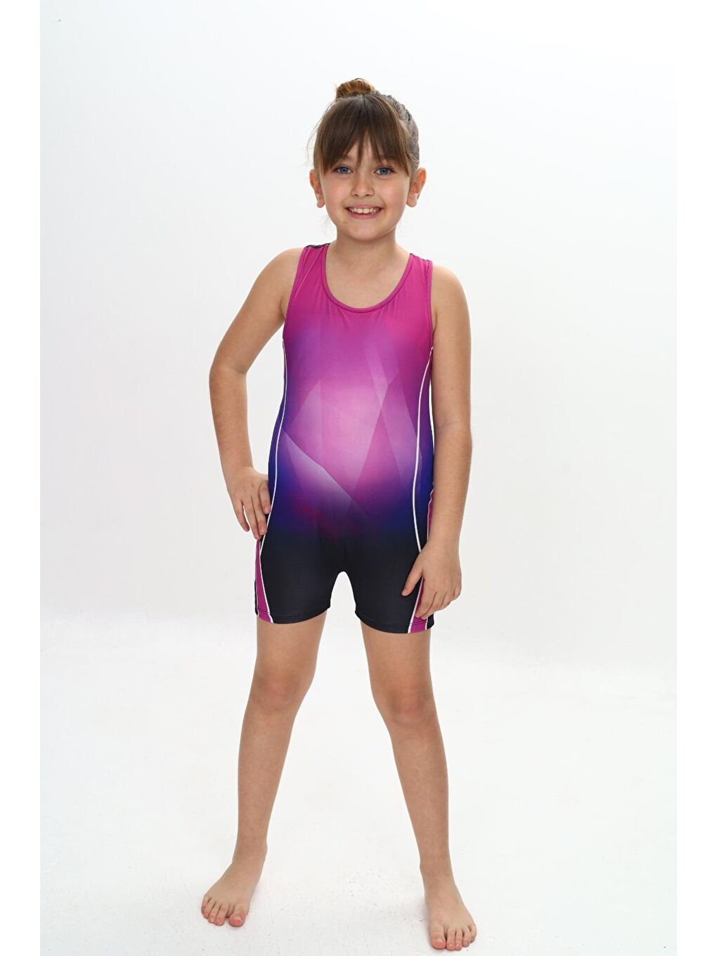 Lila Kız Çocuk Yüzücü Şortlu Tek Parça Tulum Mayo Takımı 5-16 Yaş 12231