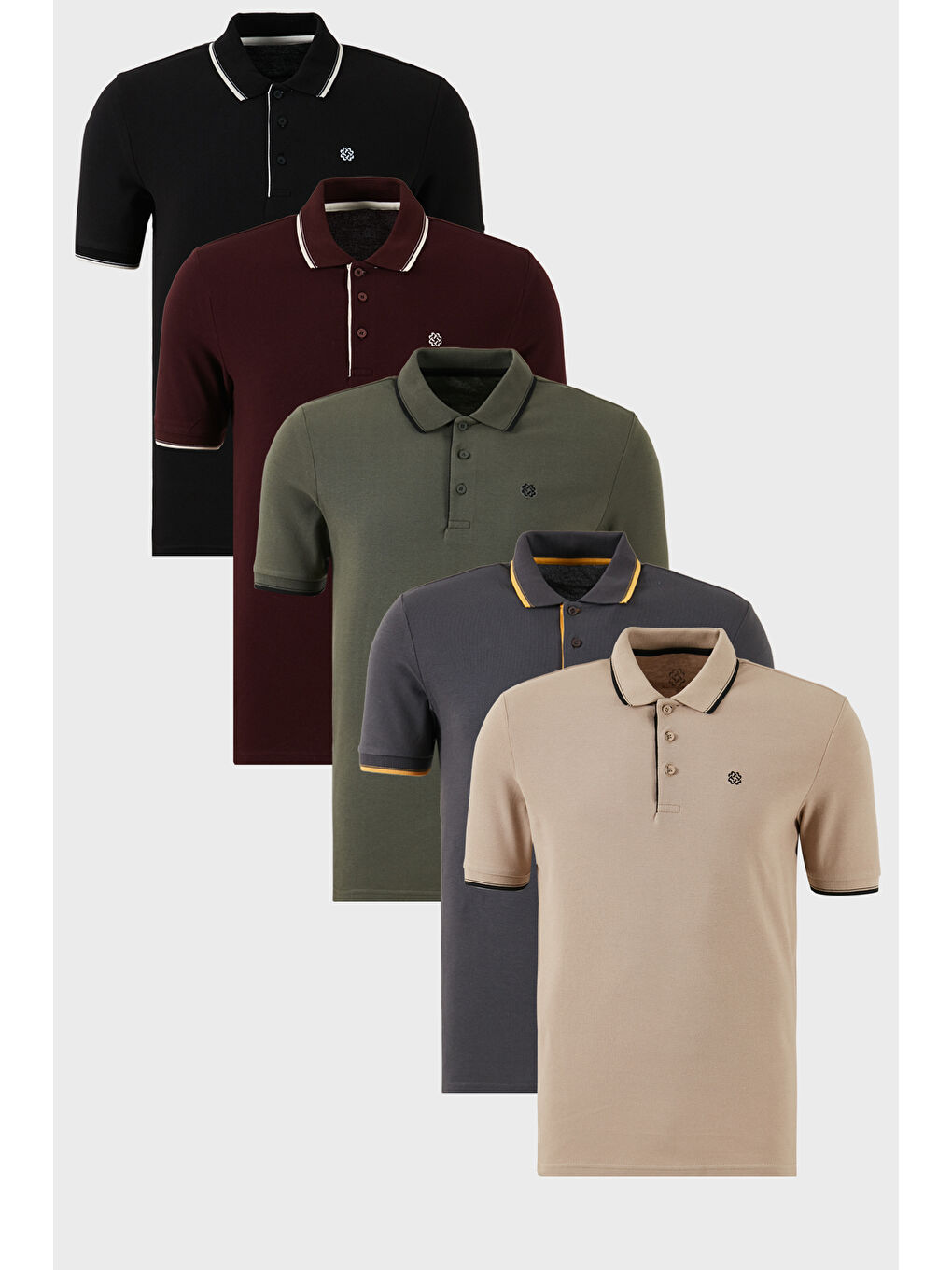 Siyah Pamuklu Slim Fit Şerit Detaylı Düğmeli Polo Yaka 5'li Paket %100 Pamuk Tişört 5902118S5