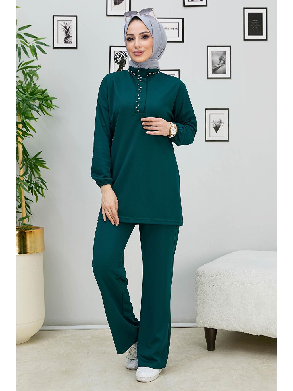 Hakim Yaka Kadın Yeşil Tunik+Pantolon - 11338