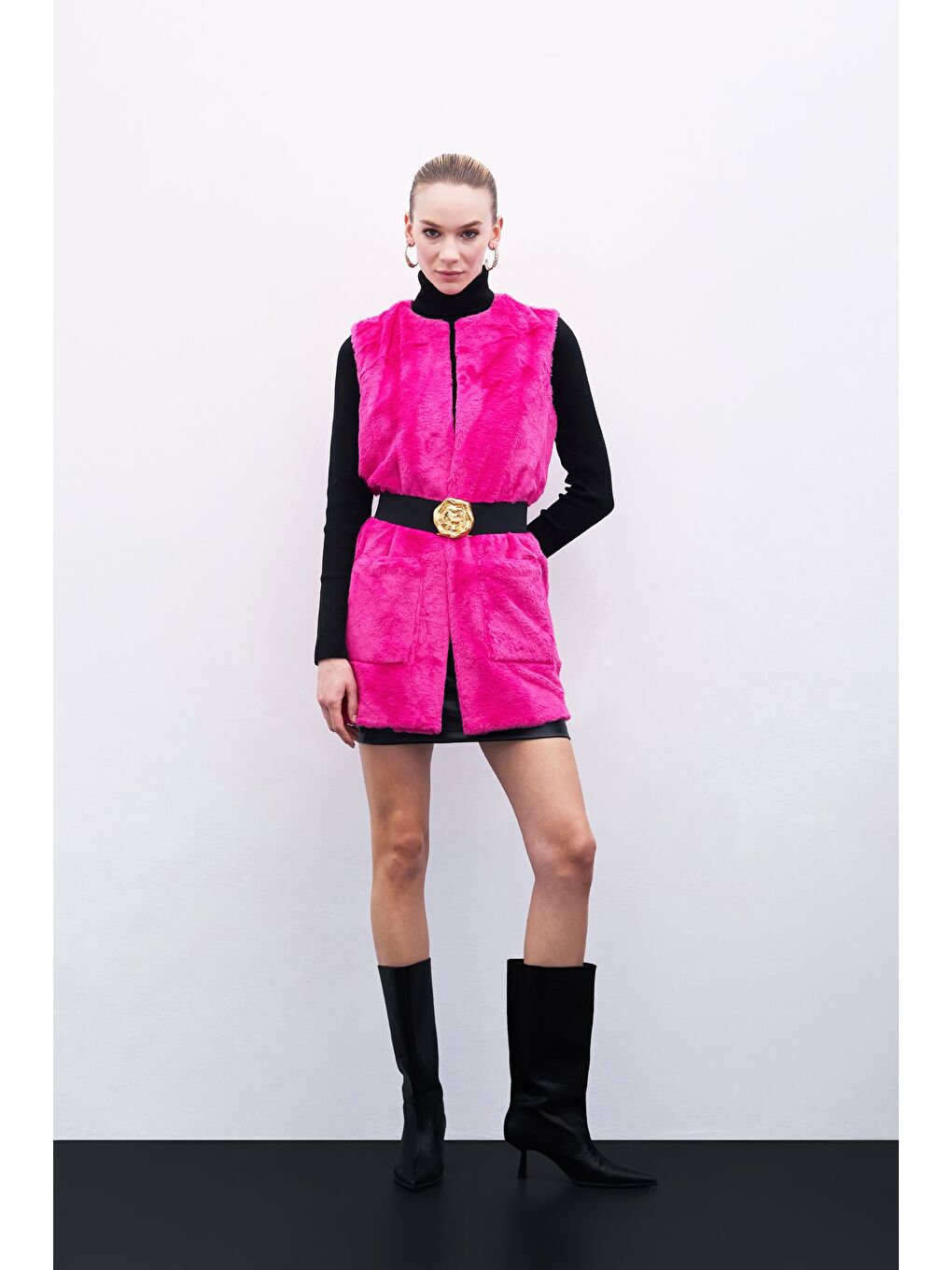 Cep Detaylı Pelüş Yelek - Fuşya-1